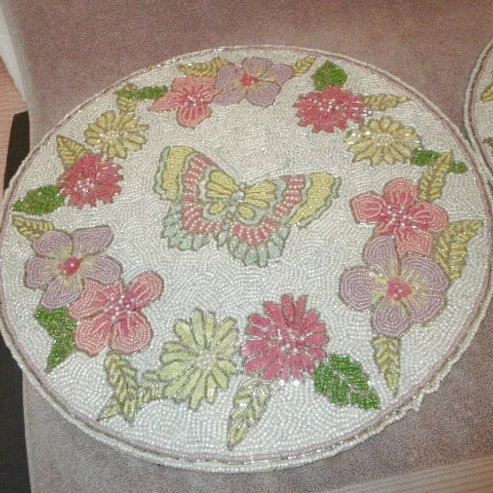 Wild Blossom Beaded Placemats Centerpiece Butterfly Flowers Round Set Of 2